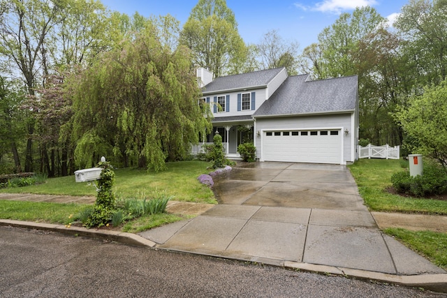 traditional-style house with a chimney, fence, an attached garage, concrete driveway, and a front yard
