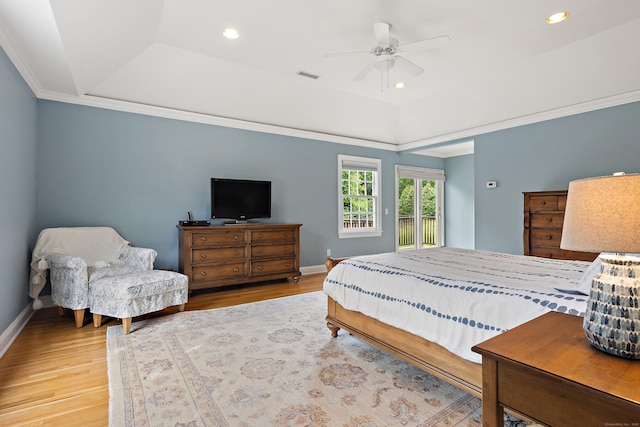 132 Belden Hill Rd, Wilton, CT 06897 - bedroom featuring a raised ceiling, access to outside, light wood finished floors, crown molding, and recessed lighting