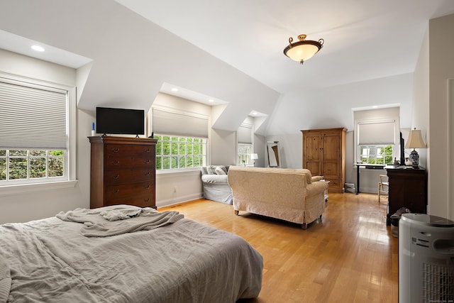 132 Belden Hill Rd, Wilton, CT 06897 - bedroom featuring multiple windows, light wood-type flooring, and lofted ceiling
