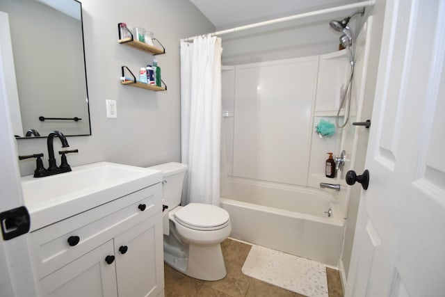 bathroom with vanity, shower / tub combo, tile patterned flooring, and toilet