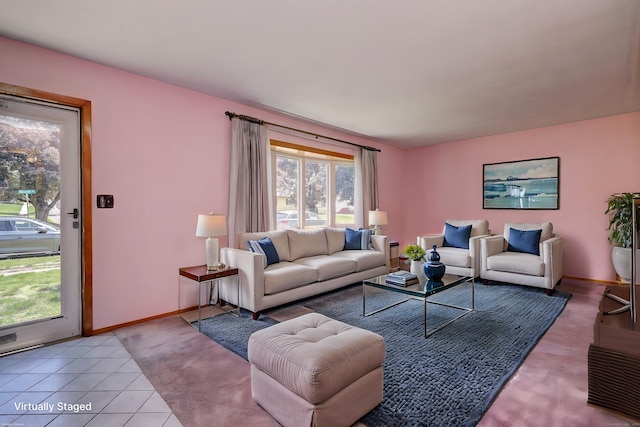 145 Russell Rd, Stratford, CT 06614 - carpeted living room featuring baseboards and tile patterned flooring