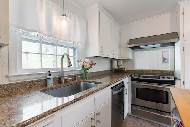 kitchen with stainless steel electric range oven, a sink, white cabinets, dishwashing machine, and wall chimney exhaust hood