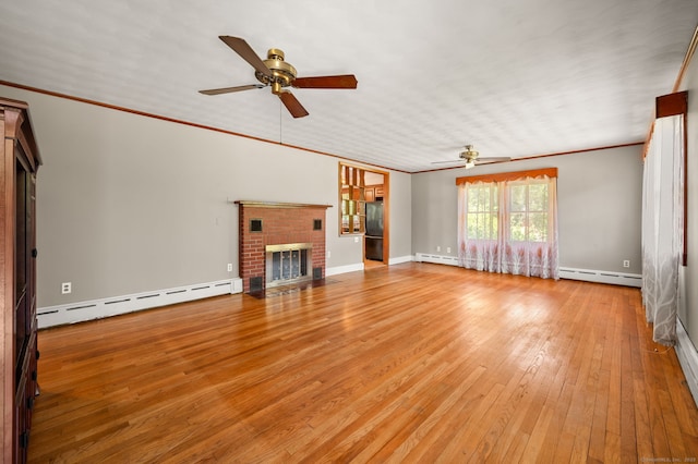 unfurnished living room featuring a brick fireplace, ceiling fan, and a baseboard radiator
