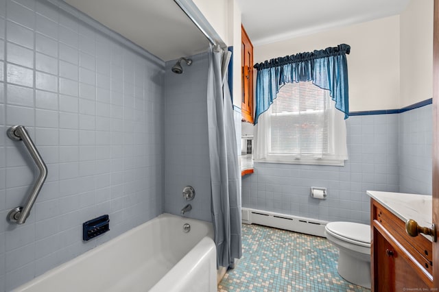 bathroom featuring tile patterned flooring, shower / bath combination with curtain, toilet, tile walls, and a baseboard radiator