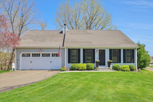 single story home featuring a garage, a chimney, a front yard, and aphalt driveway
