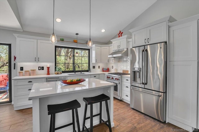 kitchen with backsplash, high quality appliances, a sink, light countertops, and under cabinet range hood