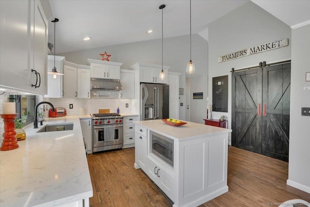 kitchen featuring white cabinets, a sink, lofted ceiling, under cabinet range hood, and premium appliances