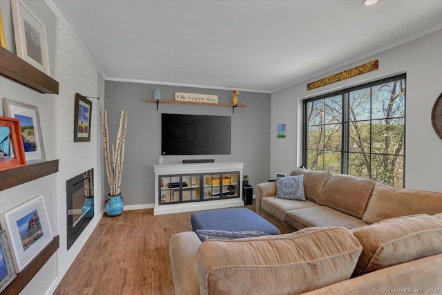 living area with crown molding, baseboards, a glass covered fireplace, and wood finished floors