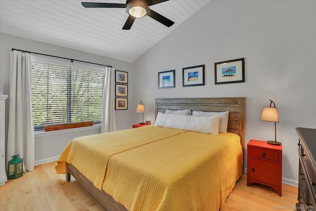 bedroom featuring baseboards, wooden ceiling, wood finished floors, and lofted ceiling