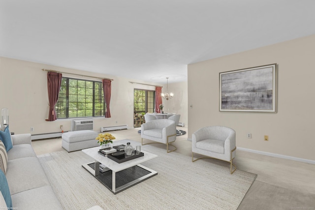 living area featuring a chandelier, a baseboard heating unit, carpet flooring, and baseboards