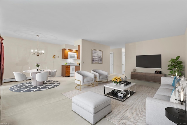 living area with a chandelier, light colored carpet, and a baseboard radiator