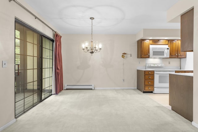 kitchen with white appliances, light colored carpet, a baseboard heating unit, and light countertops