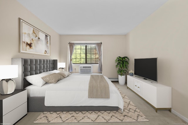 bedroom featuring light carpet, cooling unit, a baseboard heating unit, and baseboards