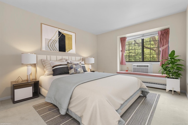 bedroom with carpet flooring, a baseboard radiator, baseboards, and cooling unit