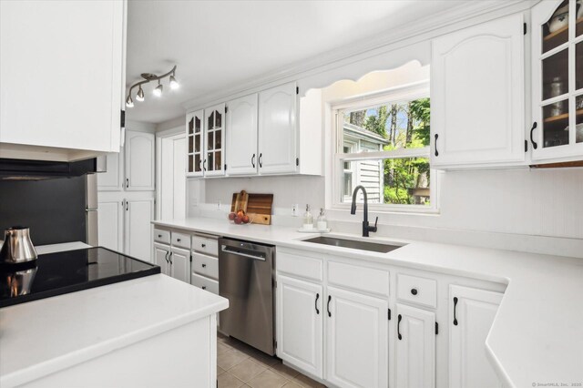 kitchen with stainless steel dishwasher, a sink, and white cabinets
