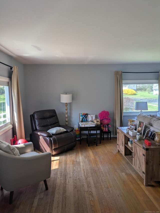 living area with hardwood / wood-style flooring and a wealth of natural light