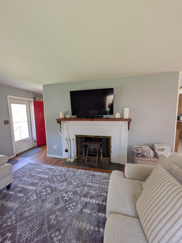 living room featuring wood finished floors and a fireplace