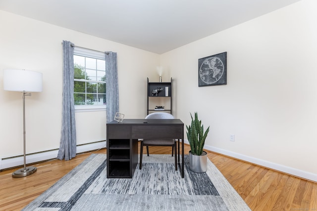 home office with wood finished floors and baseboards
