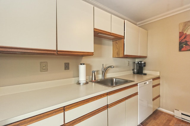 157 Kings Hwy Unit I, Milford, CT 06460 - kitchen with crown molding, baseboard heating, dishwasher, a sink, and light countertops