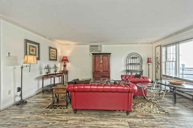 157 Kings Hwy Unit I, Milford, CT 06460 - living area featuring crown molding, an AC wall unit, baseboards, and wood finished floors