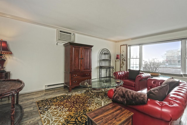 157 Kings Hwy Unit I, Milford, CT 06460 - living room with crown molding, baseboards, wood finished floors, a baseboard radiator, and a wall mounted AC