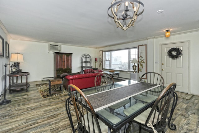 157 Kings Hwy Unit I, Milford, CT 06460 - dining space featuring a notable chandelier, a wall unit AC, wood finished floors, a baseboard heating unit, and ornamental molding