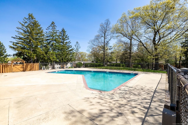 view of swimming pool featuring a fenced in pool, a patio area, and fence