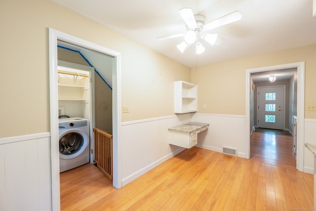 26 Converse Rd, Bolton, CT 06043 - washroom with washer / clothes dryer, a wainscoted wall, light wood-style floors, and ceiling fan