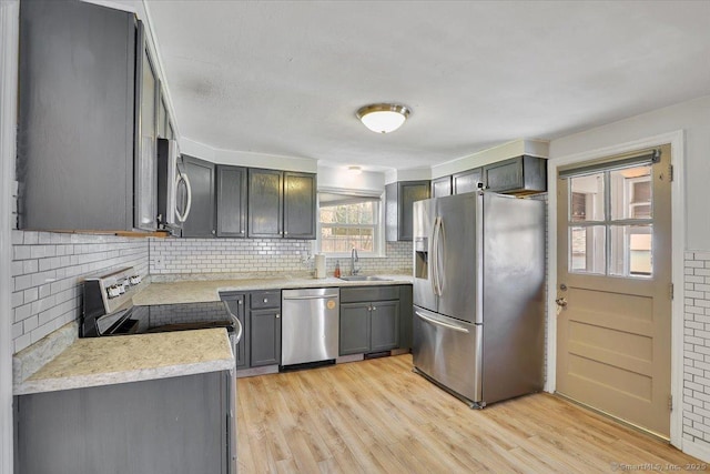 kitchen featuring light wood-type flooring, light countertops, a sink, appliances with stainless steel finishes, and backsplash