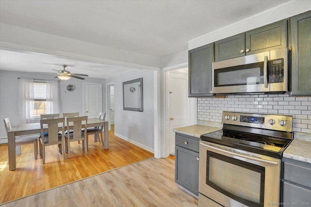 kitchen with light countertops, backsplash, stainless steel appliances, and light wood-style flooring