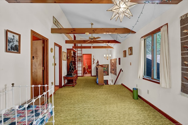 hallway with baseboards, vaulted ceiling with beams, carpet, and a notable chandelier
