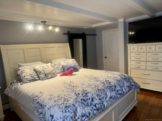 310 Sentinel Hill Rd, Derby, CT 06418 - bedroom with beamed ceiling, dark wood finished floors, and a barn door