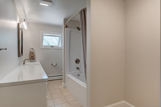 full bathroom with tile patterned flooring, a baseboard radiator, vanity, and tub / shower combination