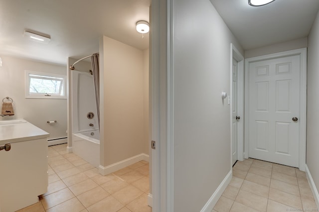 1037 Bartholomew Rd, Middletown, CT 06457 - full bath with tile patterned floors, a baseboard radiator, shower / bath combination, and baseboards