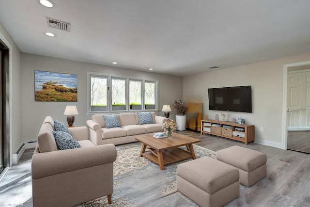 living area with visible vents, recessed lighting, light wood-style floors, and baseboards
