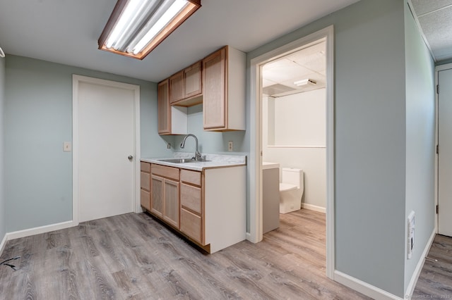 kitchen featuring light brown cabinetry, light wood-type flooring, a sink, light countertops, and baseboards
