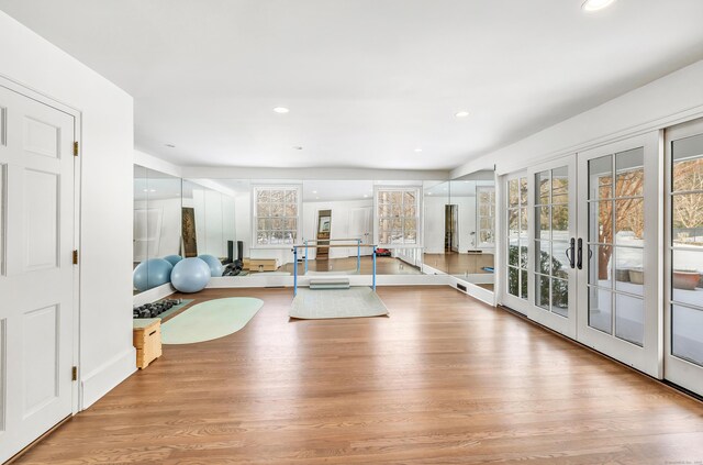 exercise room with french doors, wood finished floors, and a wealth of natural light