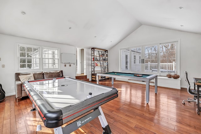 playroom featuring wood-type flooring, billiards, and lofted ceiling