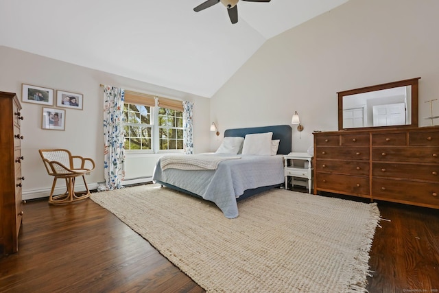 bedroom featuring ceiling fan, vaulted ceiling, and wood finished floors