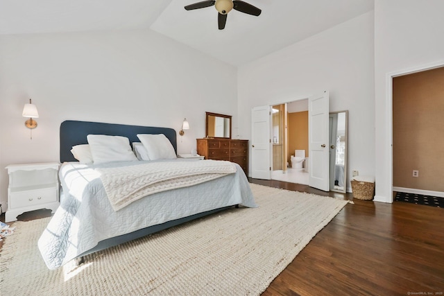 bedroom with dark wood-type flooring, baseboards, ceiling fan, and high vaulted ceiling