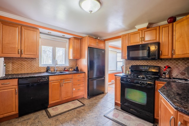 50 Fox Hill Rd, Stratford, CT 06614 - kitchen featuring ornamental molding, a sink, black appliances, and plenty of natural light