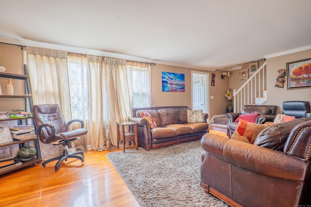 50 Fox Hill Rd, Stratford, CT 06614 - living room with ornamental molding, wood finished floors, and stairway
