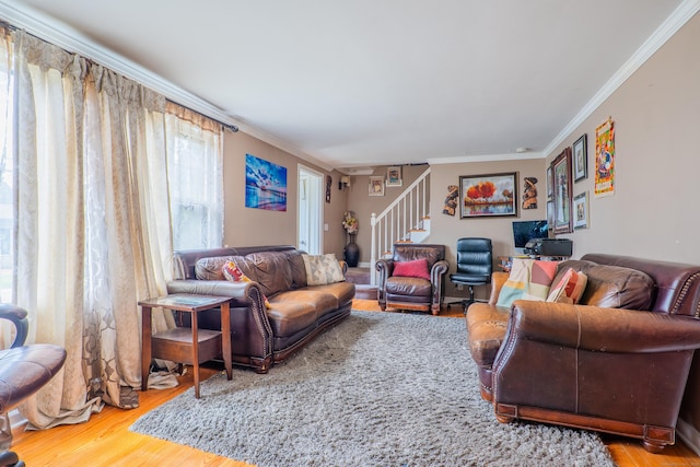 50 Fox Hill Rd, Stratford, CT 06614 - living room featuring crown molding, wood finished floors, and stairway