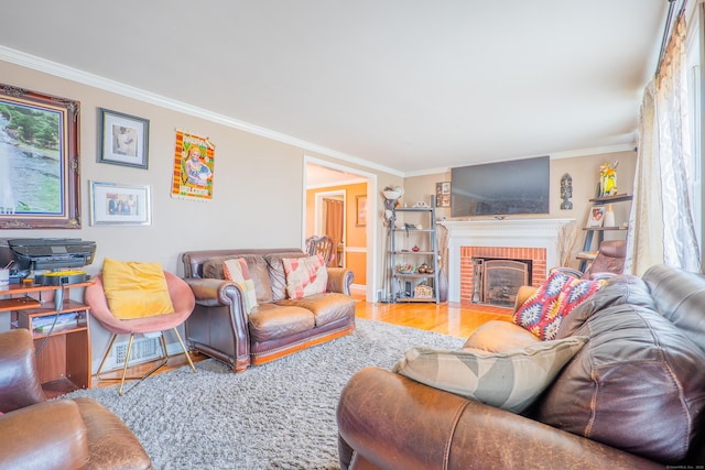 50 Fox Hill Rd, Stratford, CT 06614 - living room with baseboards, ornamental molding, a brick fireplace, and wood finished floors