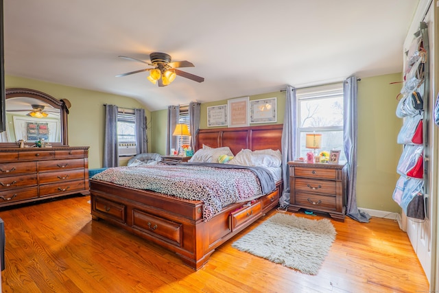 50 Fox Hill Rd, Stratford, CT 06614 - bedroom with a ceiling fan, baseboards, lofted ceiling, and light wood finished floors