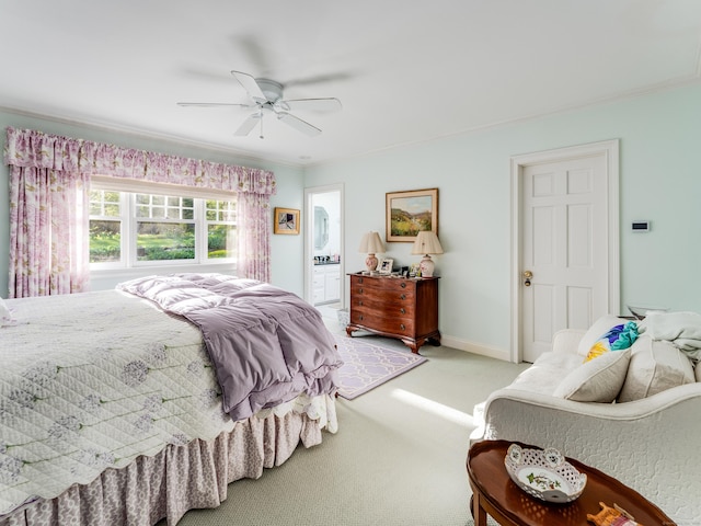 5 Clarks Ln, Old Lyme, CT 06371 - bedroom with carpet flooring, ensuite bath, a ceiling fan, baseboards, and crown molding
