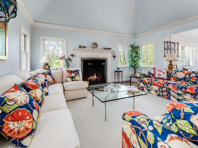 5 Clarks Ln, Old Lyme, CT 06371 - living room with a high end fireplace, high vaulted ceiling, and crown molding