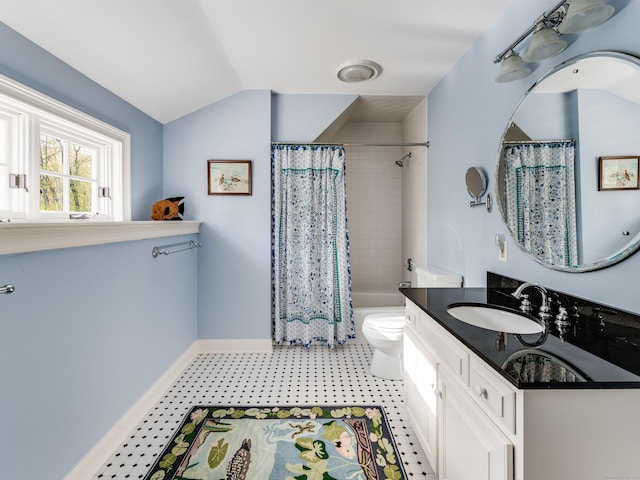 5 Clarks Ln, Old Lyme, CT 06371 - full bath with vanity, toilet, vaulted ceiling, tile patterned flooring, and shower / bath combo