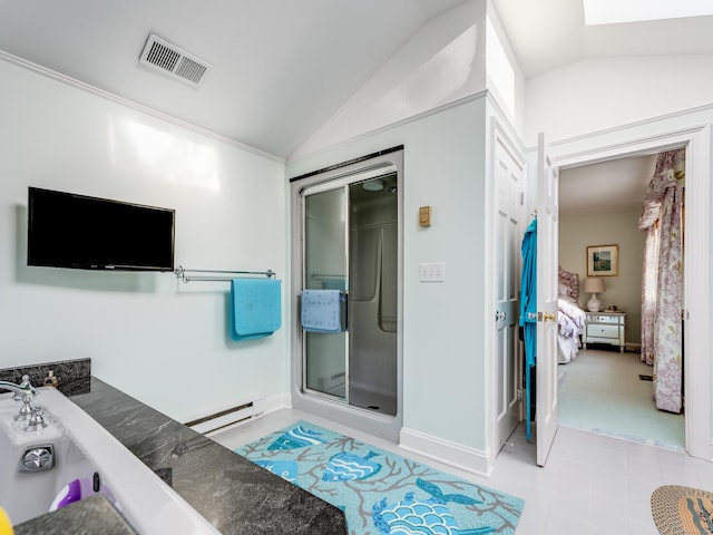 5 Clarks Ln, Old Lyme, CT 06371 - ensuite bathroom with lofted ceiling, a baseboard heating unit, a shower stall, crown molding, and baseboards