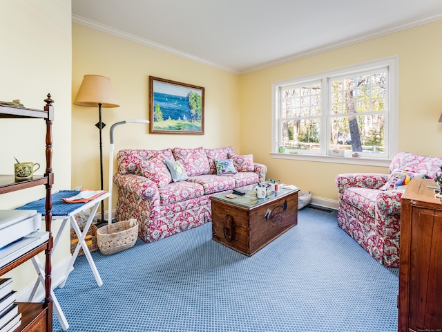 5 Clarks Ln, Old Lyme, CT 06371 - carpeted living area featuring crown molding and baseboards